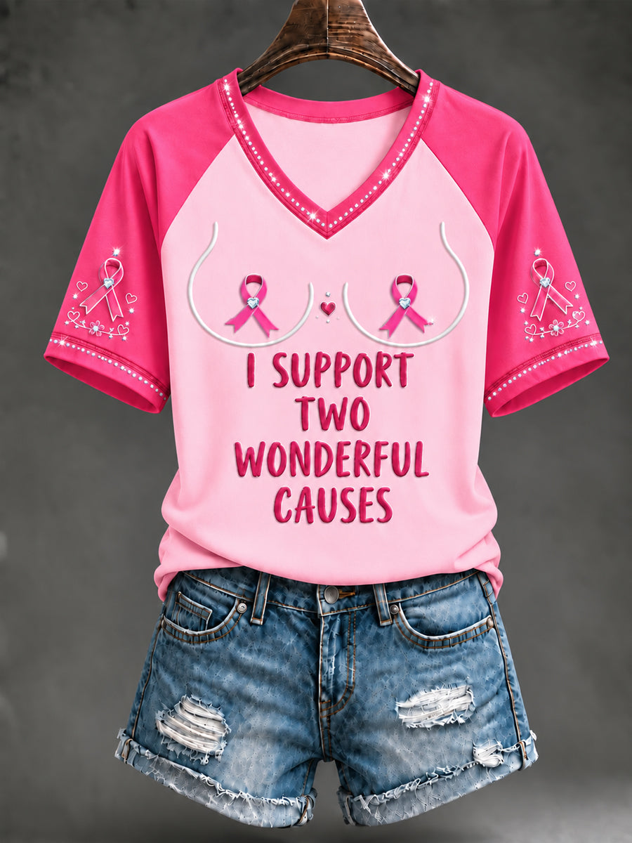 T-shirt à manches courtes rose en soutien à la sensibilisation au cancer du sein chez les femmes