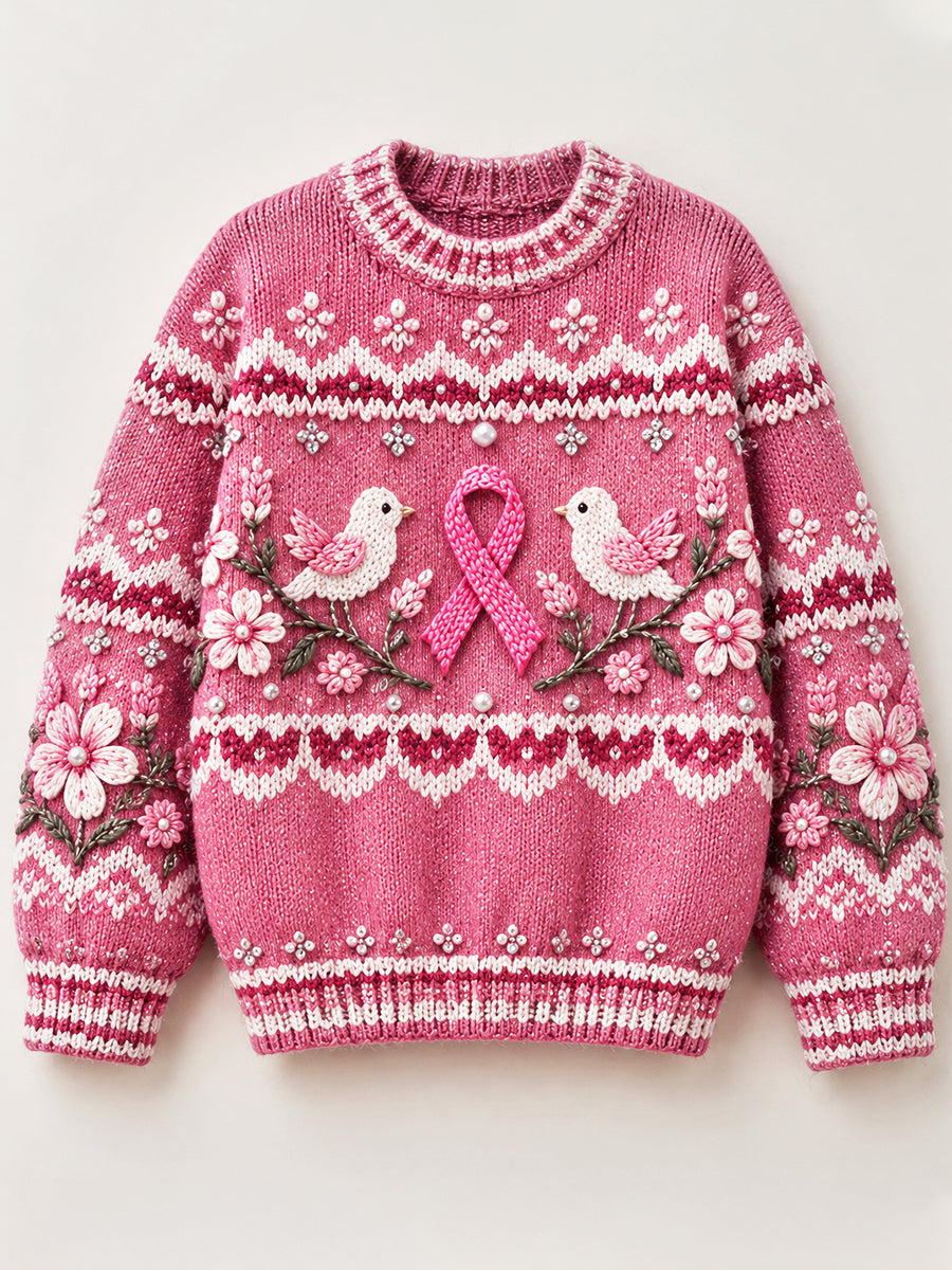 Pull décontracté pour femme, motif oiseaux, cancer du sein, France