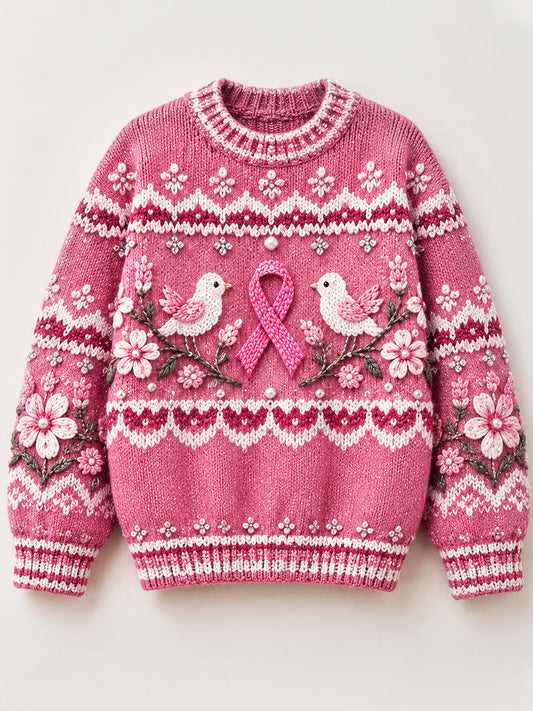 Pull décontracté pour femme, motif oiseaux, cancer du sein, France
