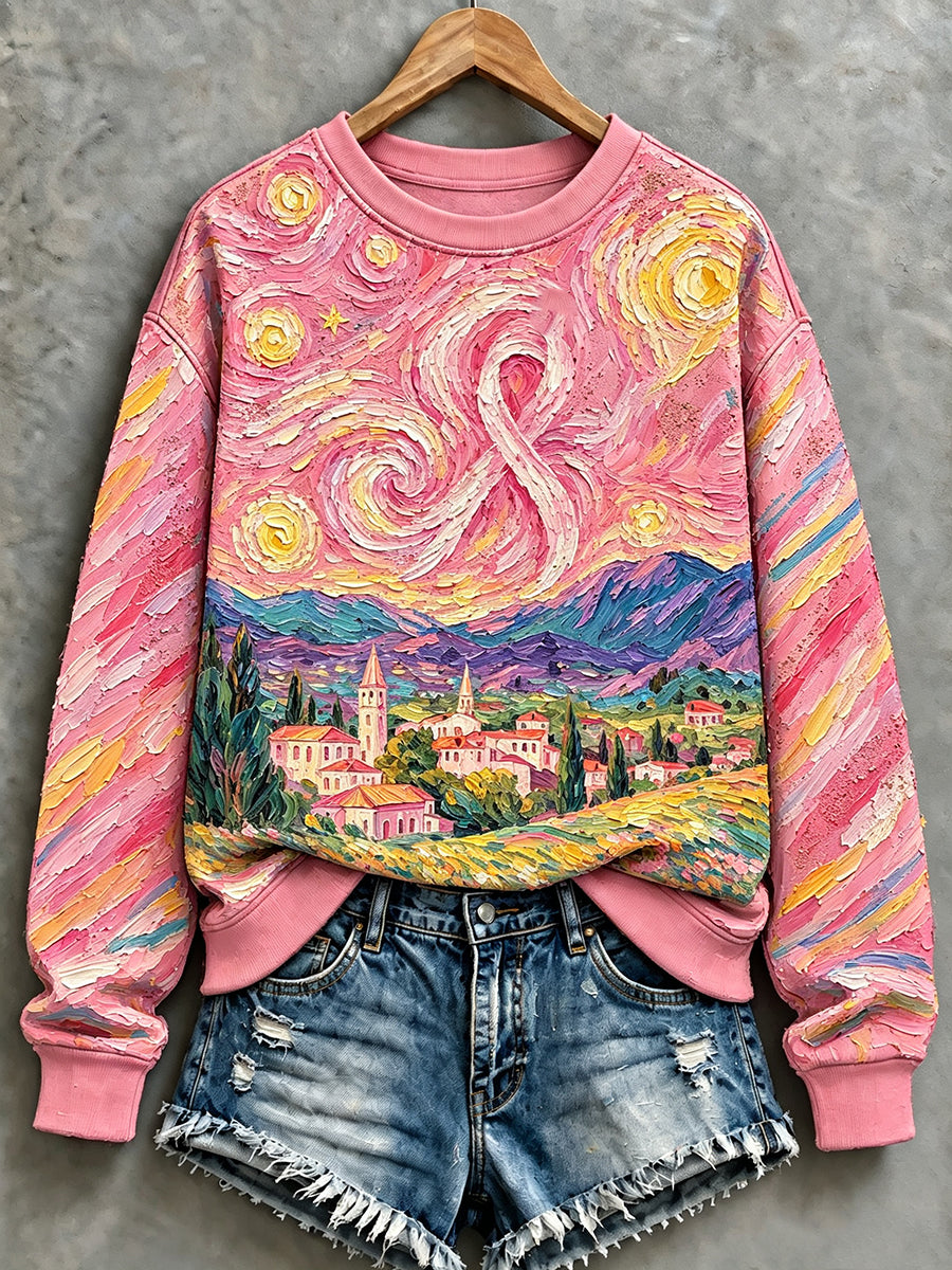Sweat-shirt rose pour la sensibilisation au cancer du sein, motif peinture à l’huile