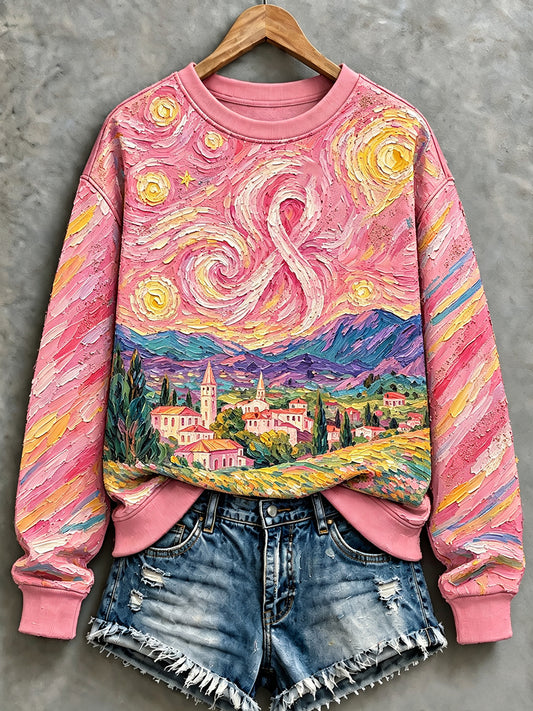 Sweat-shirt rose pour la sensibilisation au cancer du sein, motif peinture à l’huile