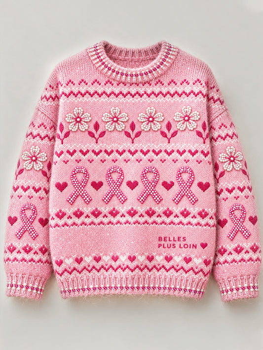 Pull décontracté pour femme, motif floral, cancer du sein, France