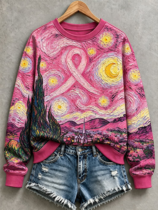 Sweat-shirt rose pour la sensibilisation au cancer du sein, motif peinture à l’huile