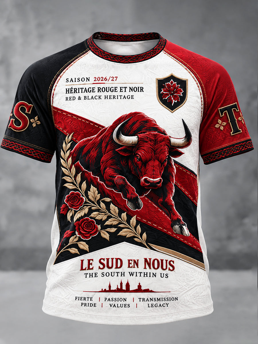 T-shirt décontracté pour homme, motif patchwork avec logo des Bulls de Toulouse, rugby français