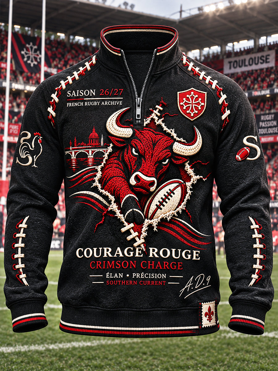 Sweat-shirt décontracté zippé pour homme, motif taureaux de Toulouse, style rugby français