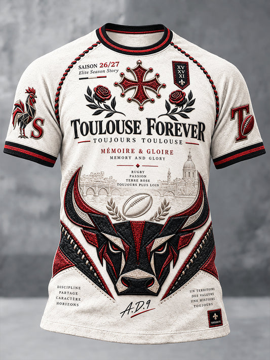 T-shirt décontracté beige pour homme, motif taureaux du Stade Toulousain de rugby français