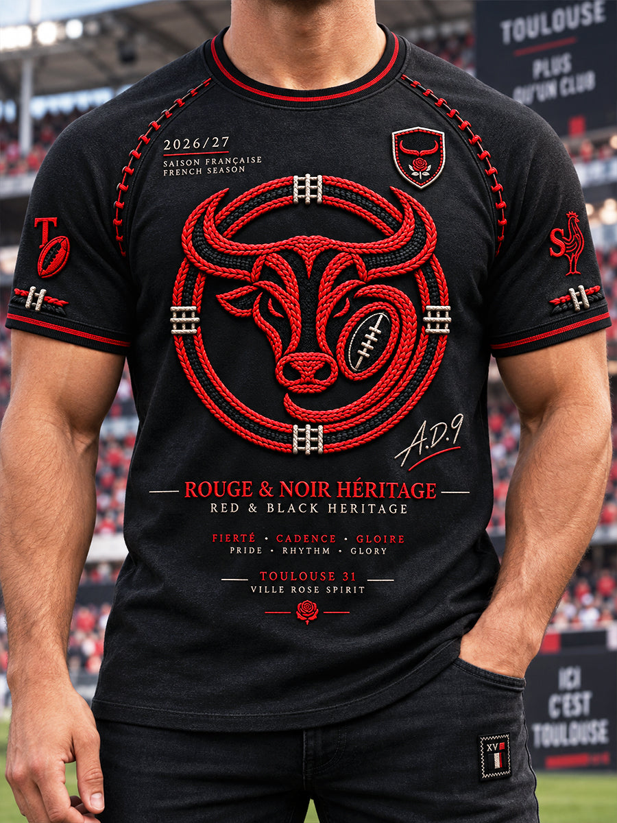 T-shirt décontracté noir pour homme, motif taureaux de Toulouse, style rugby français