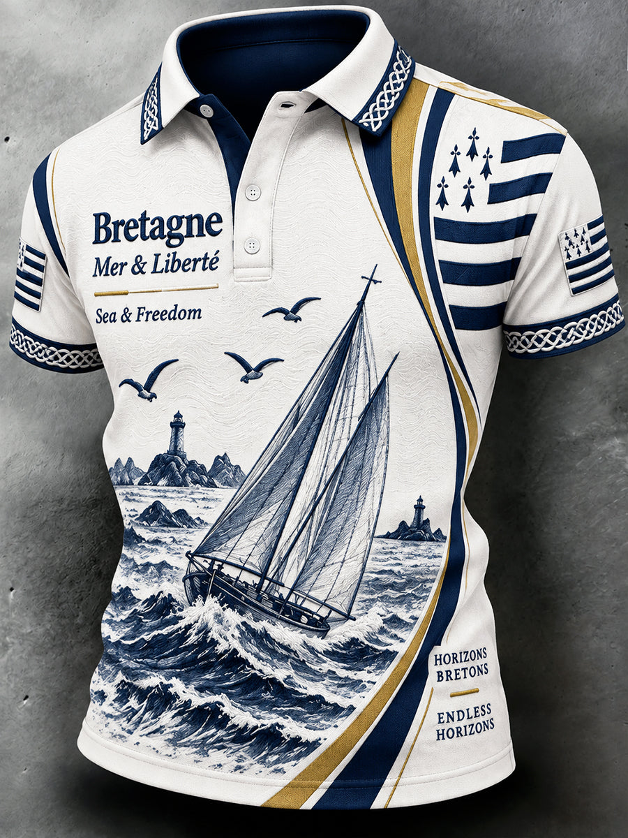 Polo décontracté blanc pour homme à imprimé marin de style breton
