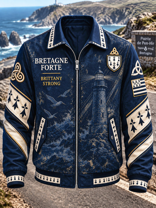 Veste décontractée zippée pour homme, bleu foncé, imprimé patchwork breton français