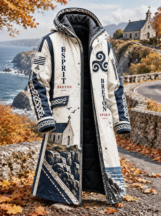 Veste longue décontractée à capuche pour homme, imprimé breton celtique patchwork