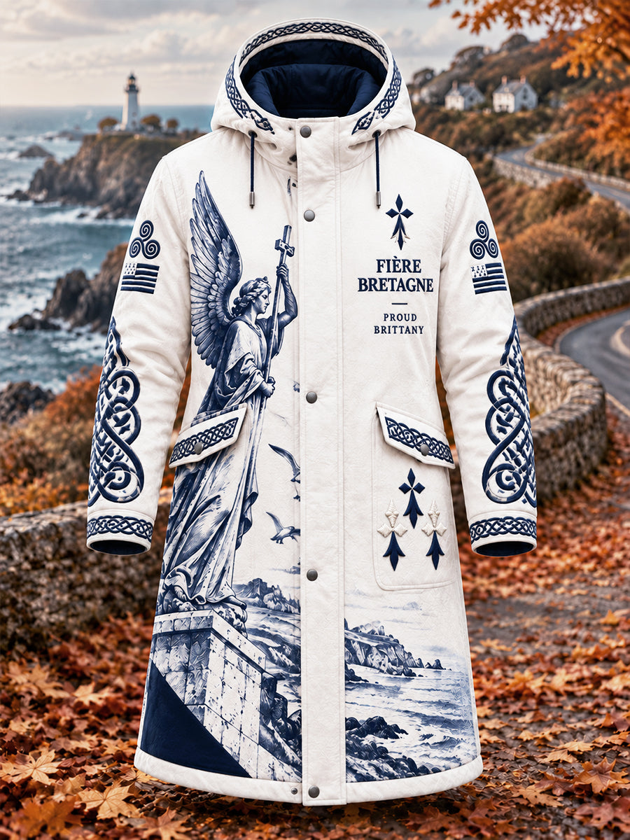 Veste longue décontractée à capuche pour homme, blanche, imprimé breton