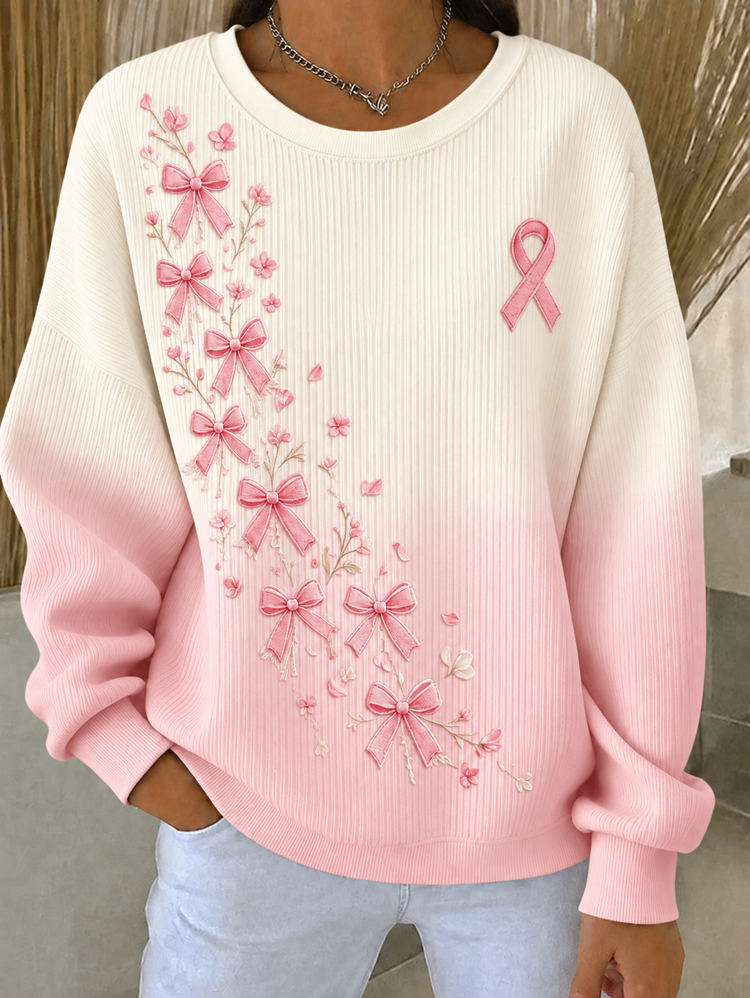 Sweat-shirt à col rond côtelé pour femmes, motif cancer du sein