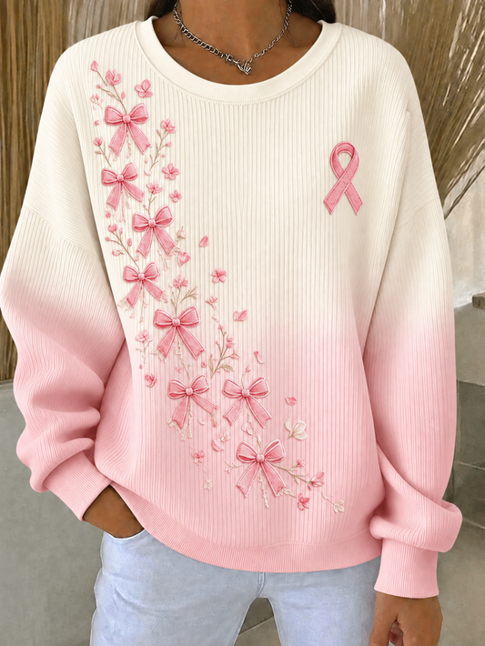 Sweat-shirt à col rond côtelé pour femmes, motif cancer du sein