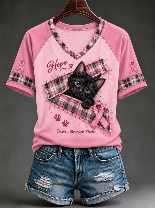 T-shirt Femme Noir Chat Imprimé Col V Sensibilisation au Cancer du Sein