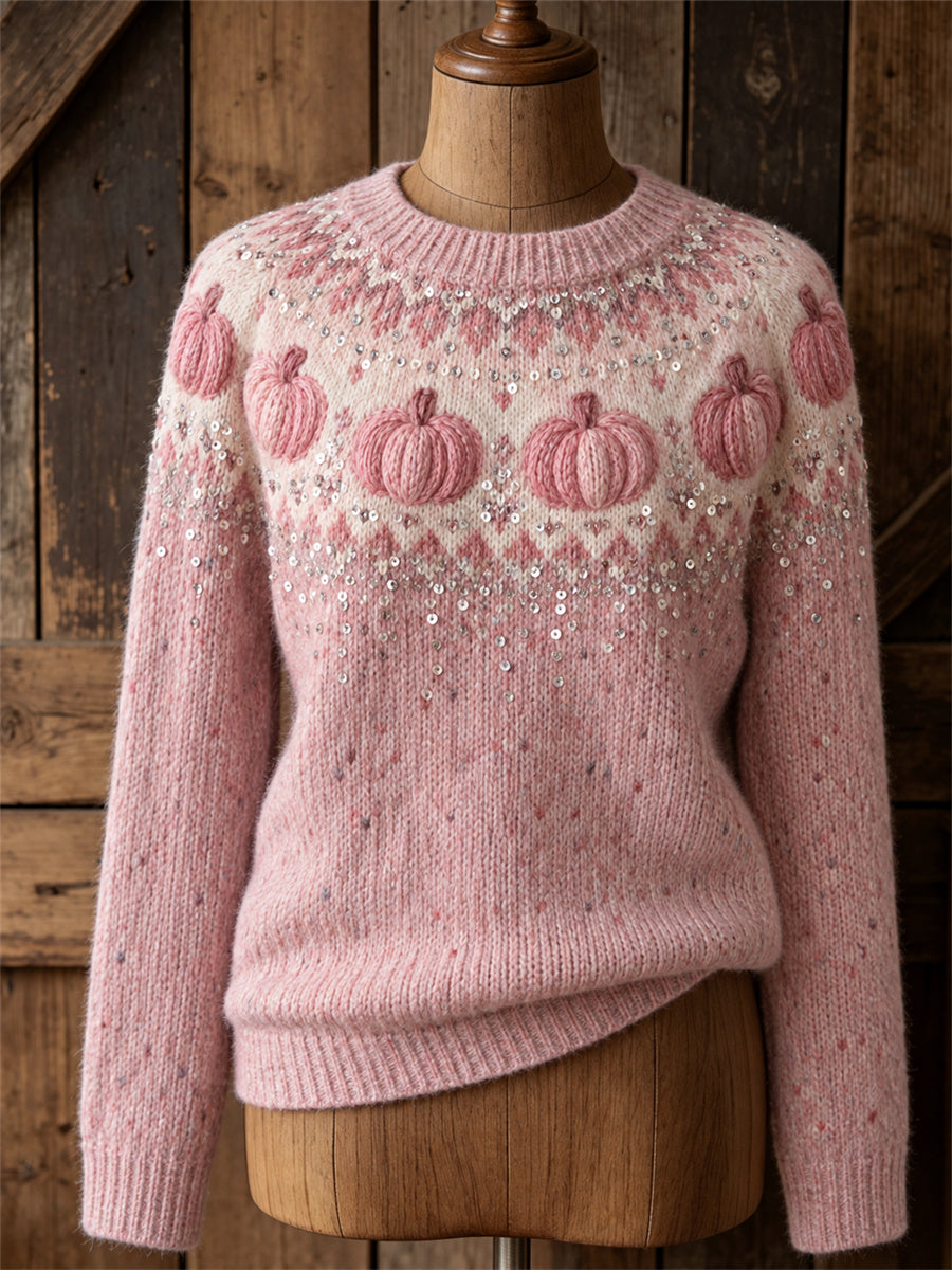 Pull col rond pour femme à motif d’île et citrouilles roses vintage