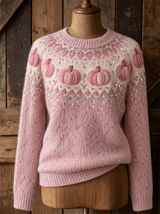 Pull col rond pour femme à motif d’île et citrouilles roses vintage