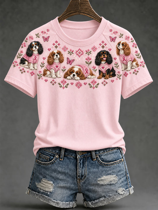 Motif de chien pour femmes et rose Charity Ribbon Design Casual T-shirt à manches courtes