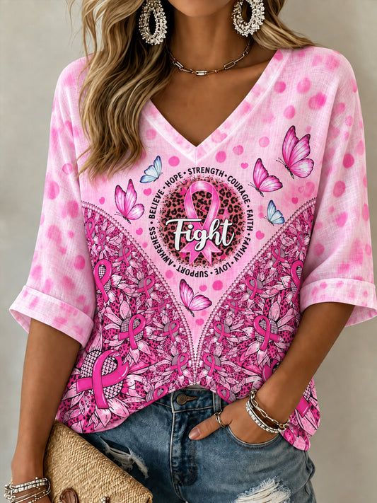 T-shirt à manches mi-longues et col en V, ruban rose de sensibilisation au cancer du sein chez la femme