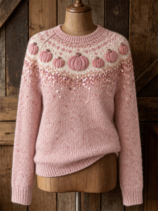 Pull femme rose vintage citrouilles Yoke Isle Print ras du cou