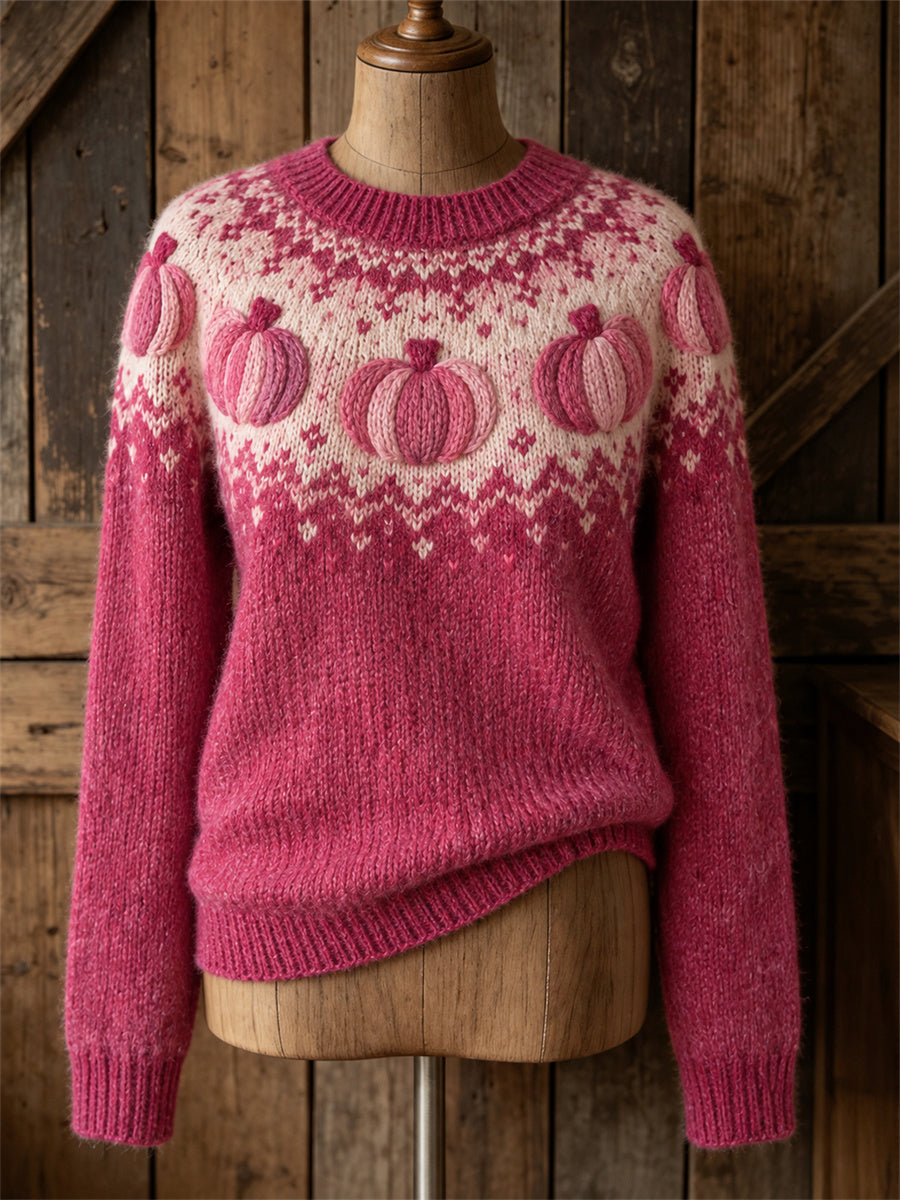 Pull col rond pour femme à motif d’île et citrouilles roses vintage
