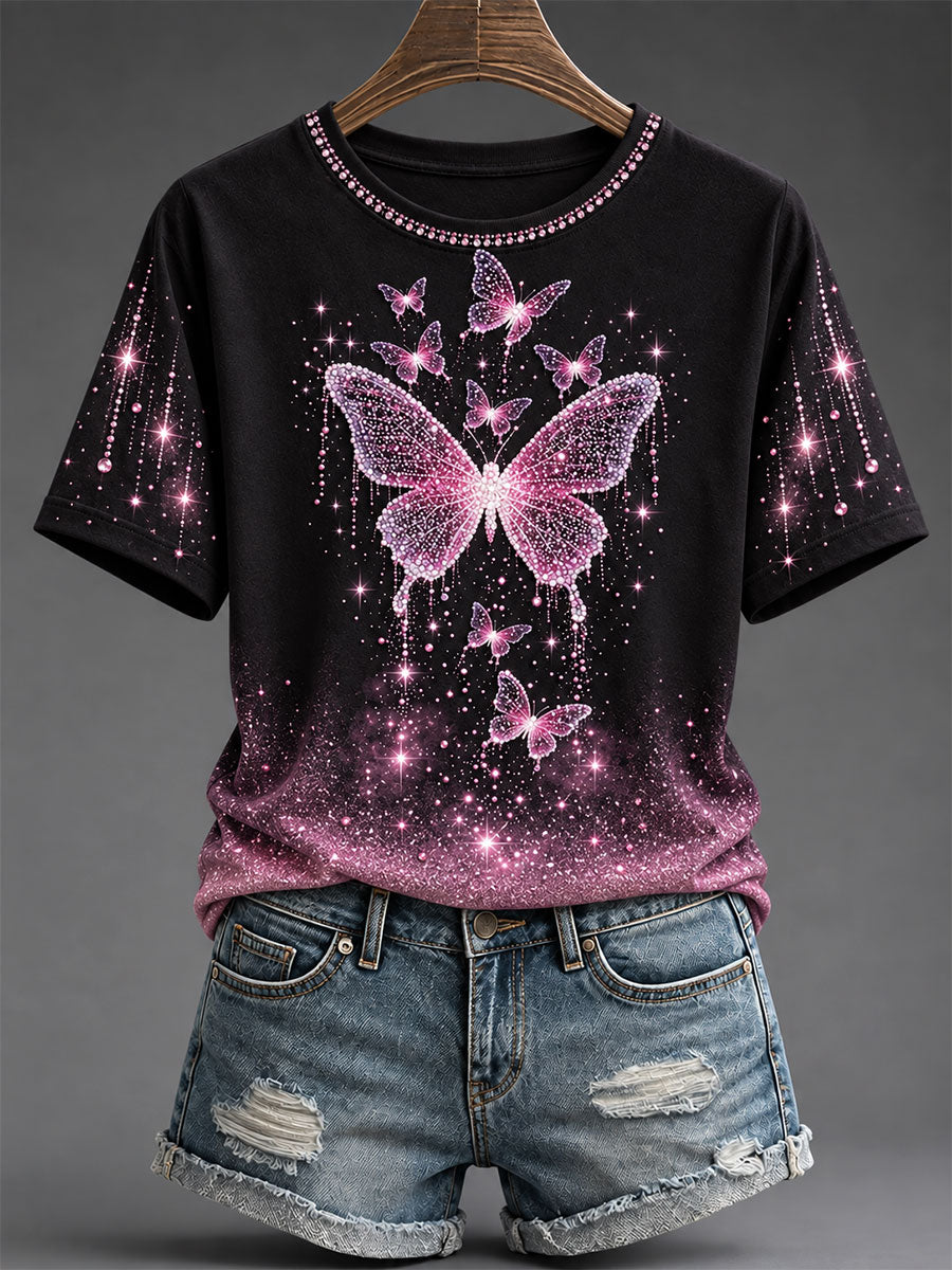 T-shirt rose à imprimé papillons pour la sensibilisation au cancer du sein, modèle femme