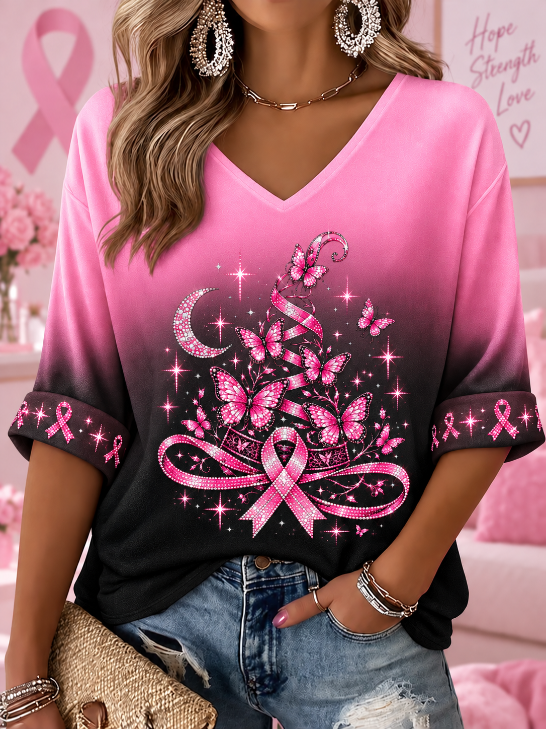 T-shirt femme à manches mi-longues et col en V, pour le cancer du sein