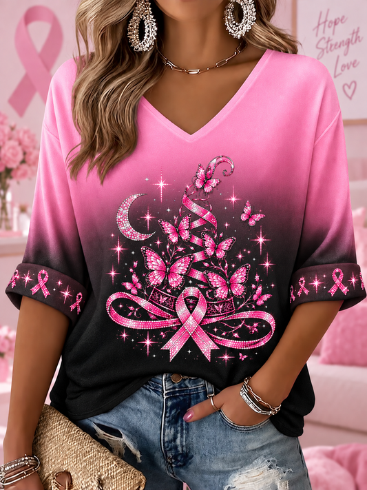 T-shirt femme à manches mi-longues et col en V, pour le cancer du sein