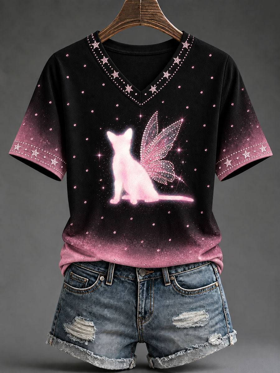 T-shirt rose à imprimé chat pour la sensibilisation au cancer du sein chez les femmes