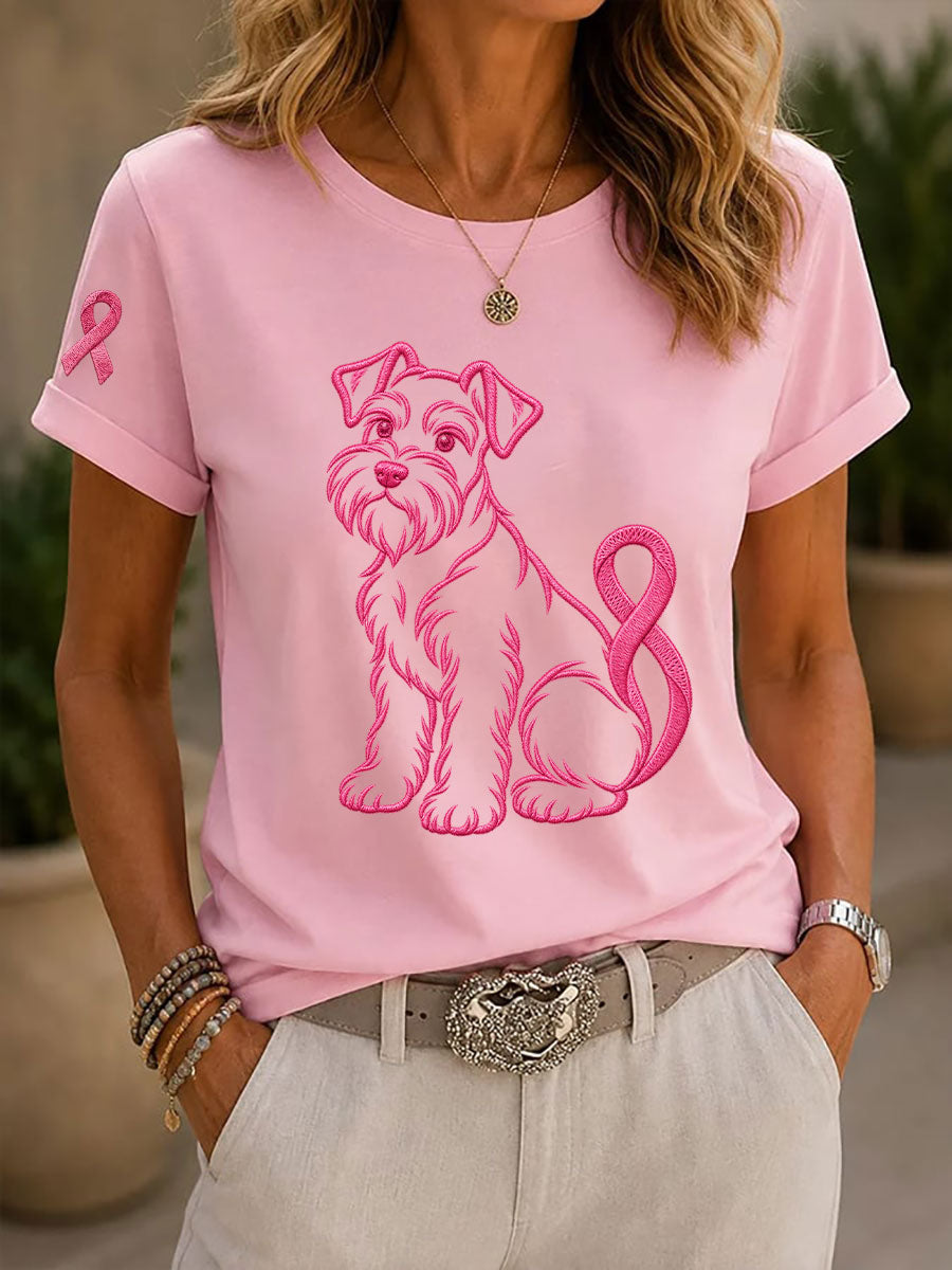 T-shirt décontracté à imprimé chien pour la sensibilisation au cancer du sein chez les femmes
