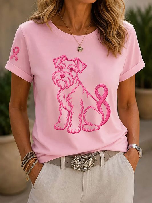 T-shirt décontracté à imprimé chien pour la sensibilisation au cancer du sein chez les femmes