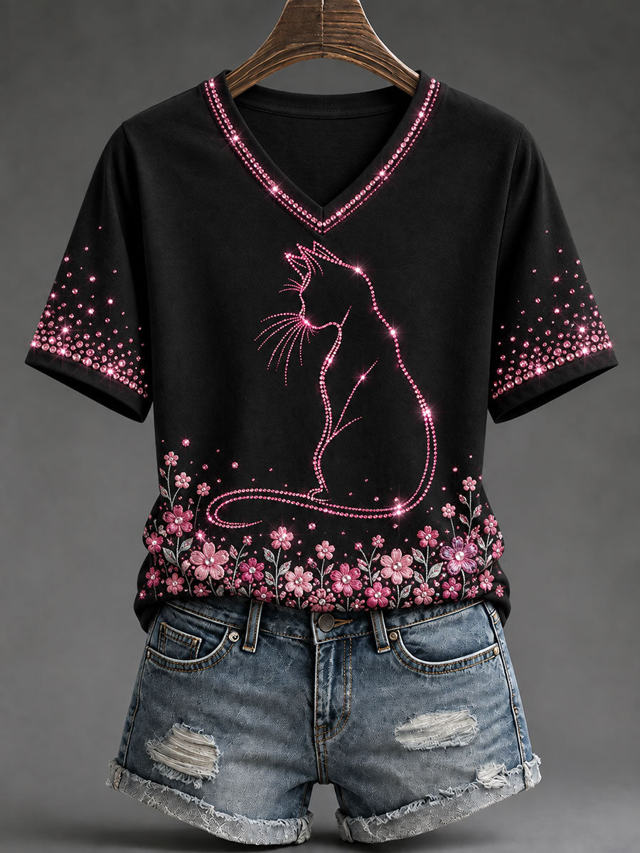 T-shirt rose à imprimé chat pour la sensibilisation au cancer du sein chez les femmes