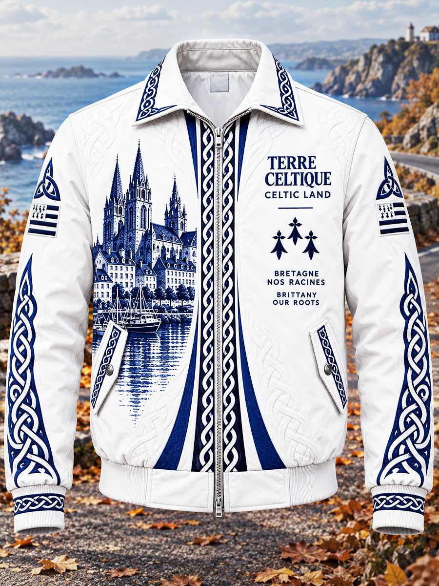 Blouson Homme Blanc Style Breton Imprimé Celtique Décontracté Zippé