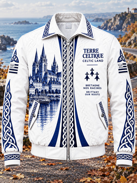 Blouson Homme Blanc Style Breton Imprimé Celtique Décontracté Zippé
