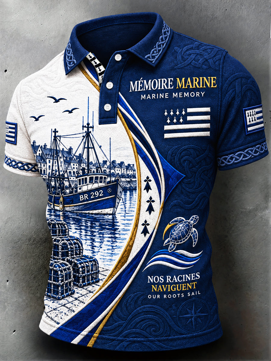 Polo décontracté à imprimé patchwork inspiré de la bretagne française pour homme