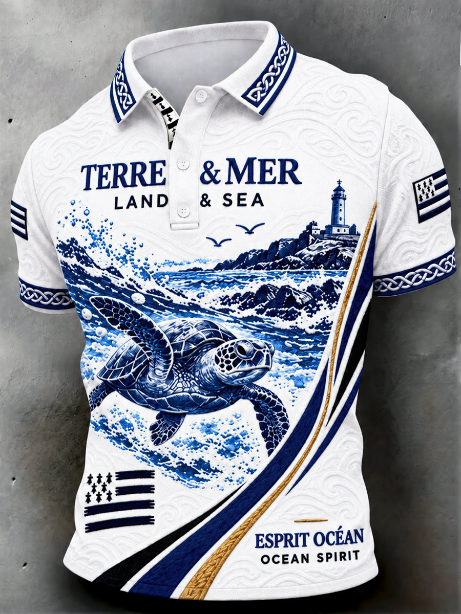 Polo décontracté à imprimé tortue de Bretagne française pour hommes