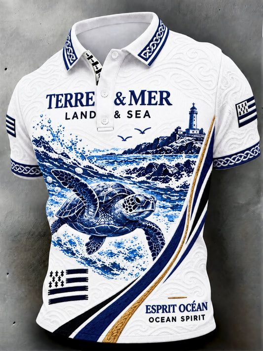 Polo décontracté à imprimé tortue de Bretagne française pour hommes