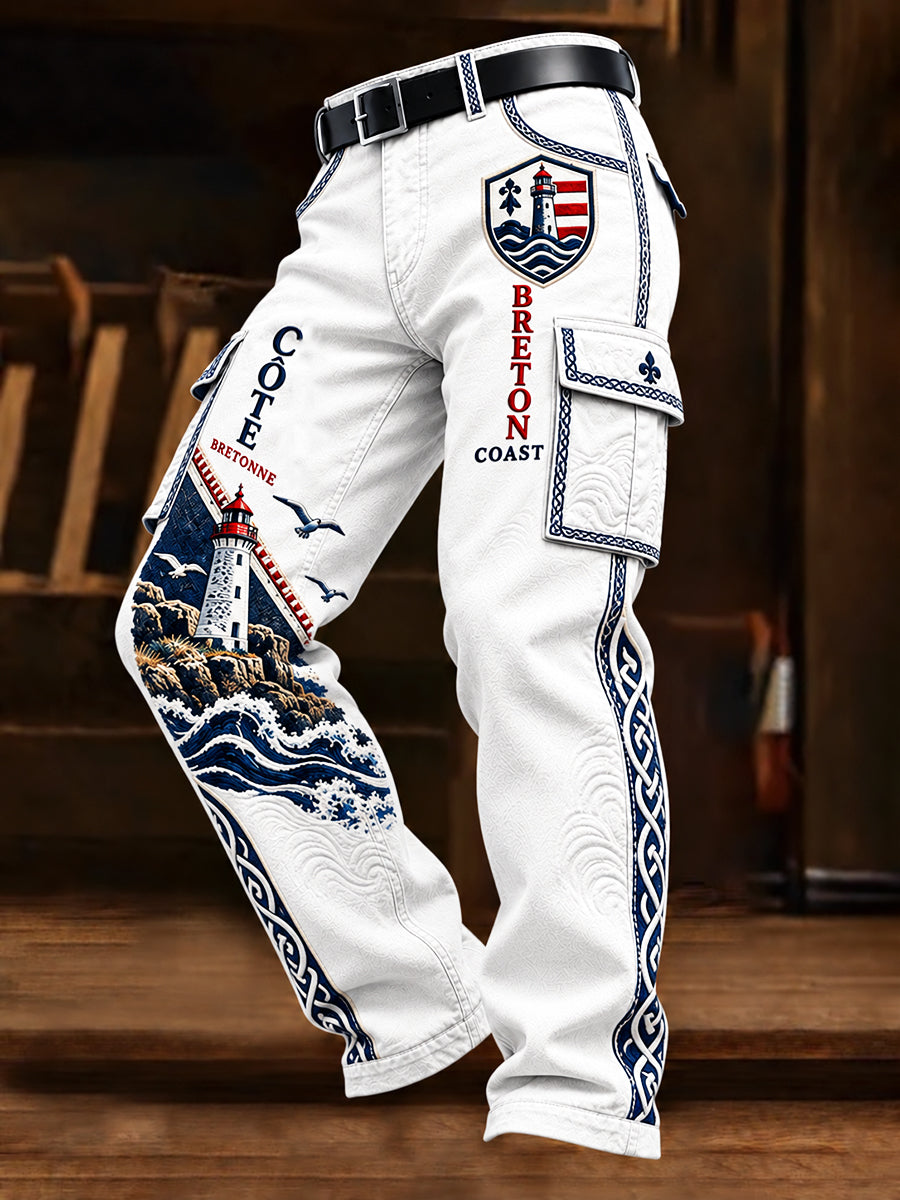 Pantalon De Travail Homme Blanc Style Breton Patchwork Imprimé Décontracté