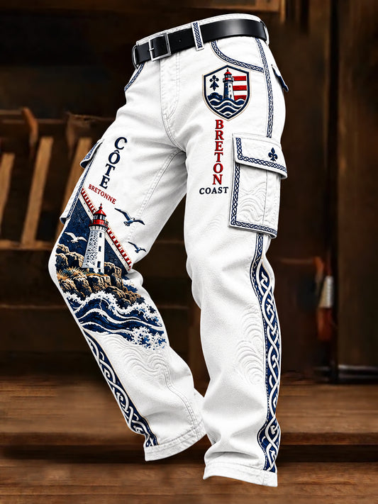 Pantalon De Travail Homme Blanc Style Breton Patchwork Imprimé Décontracté