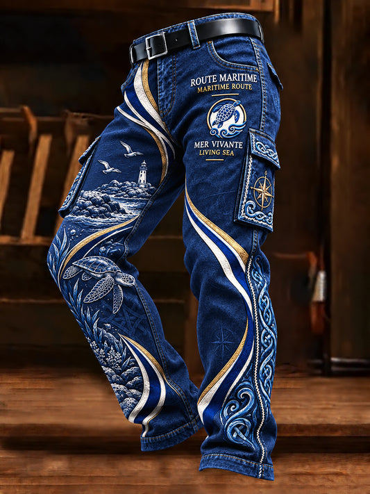 Pantalon de travail décontracté à imprimé patchwork French Brittany bleu profond pour homme