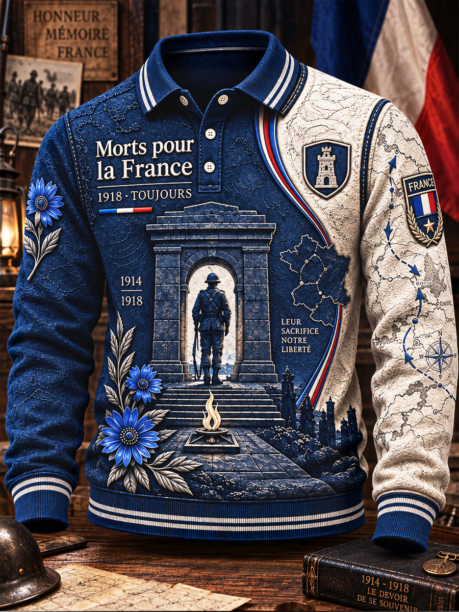 Polo décontracté à manches longues à imprimé patchwork français pour hommes