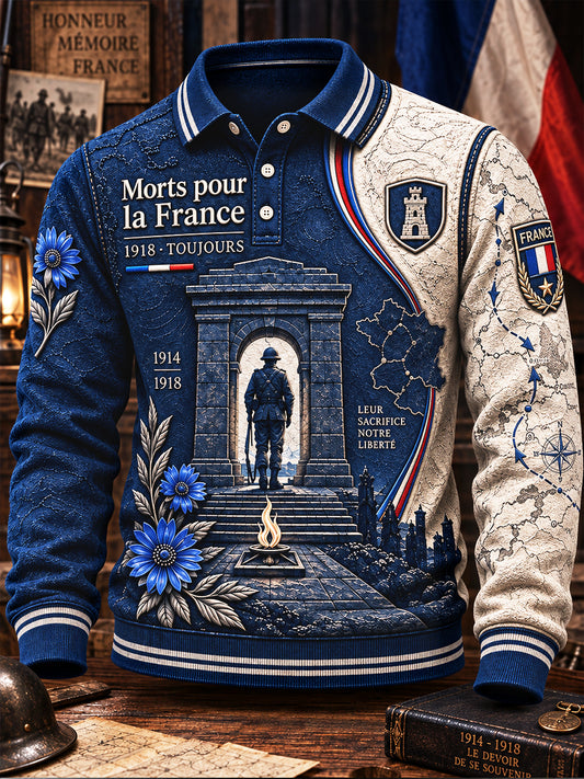 Polo décontracté à manches longues à imprimé patchwork français pour hommes