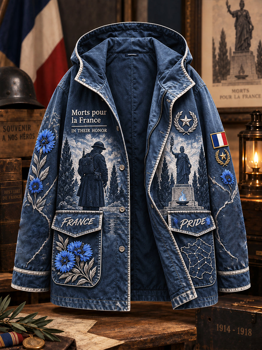 Veste à capuchon décontractée à imprimé vétéran du jour de l'Armistice français bleu foncé pour hommes