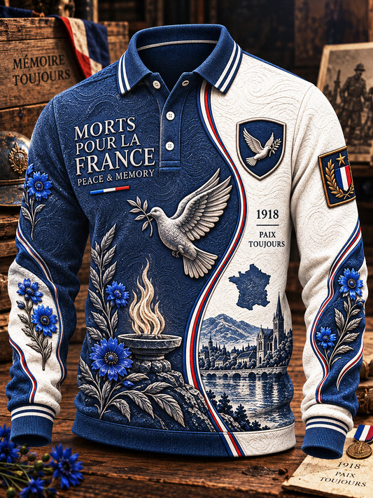 Polo décontracté à manches longues pour homme, imprimé de la paix, jour de l'armistice français