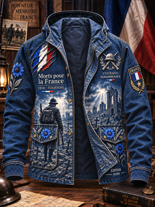 Veste à capuche décontractée bleu profond pour hommes French Armistice Day Print