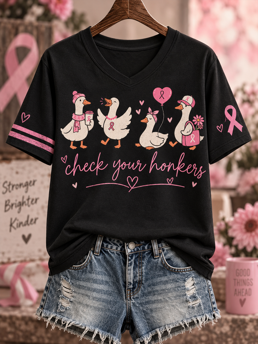 T-shirt à manches courtes avec impression artistique rose sur le thème du cancer du sein chez la femme