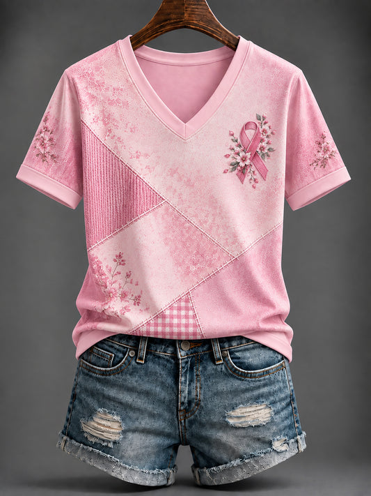 T-shirt rose imprimé à col en V pour le cancer du sein chez la femme