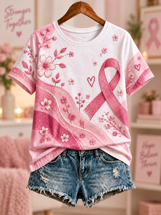 T-shirt à manches courtes avec impression artistique rose sur le thème du cancer du sein chez la femme