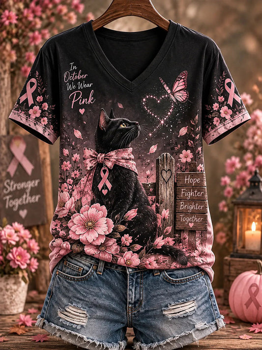 T-shirt décontracté à imprimé chat pour la sensibilisation au cancer du sein chez les femmes