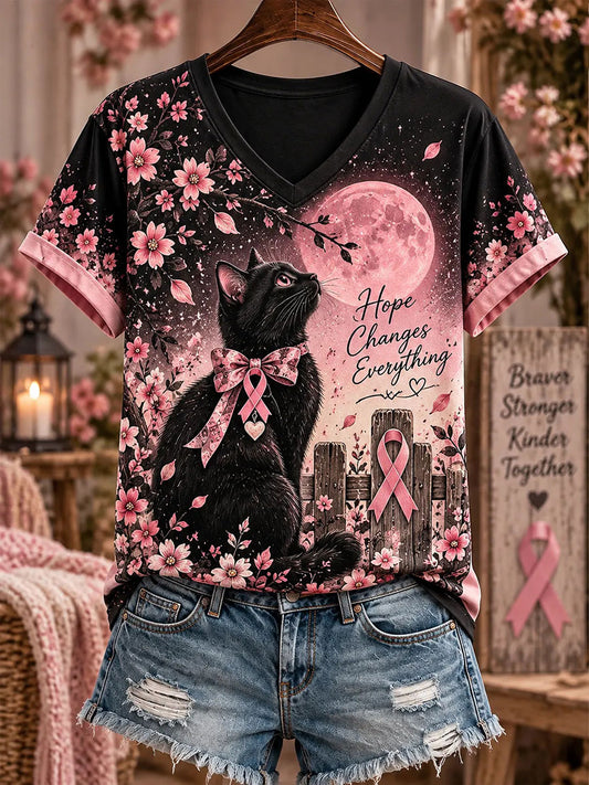 T-shirt décontracté à imprimé chat pour la sensibilisation au cancer du sein chez les femmes