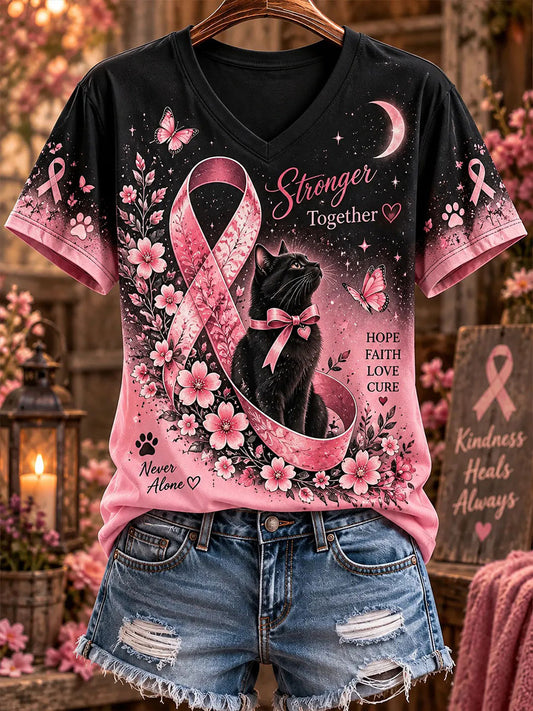 T-shirt décontracté à imprimé chat pour la sensibilisation au cancer du sein chez les femmes